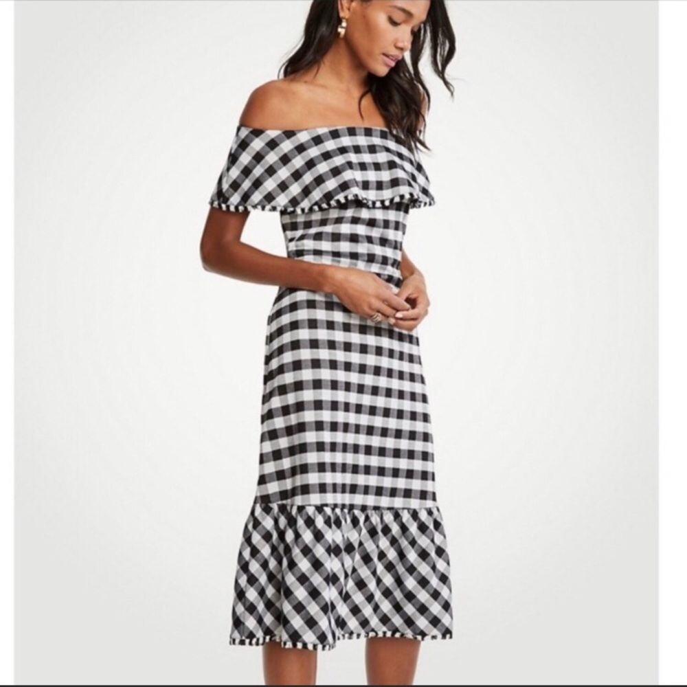 Ann Taylor Plaid Gigham Off the Shoulder Dress
